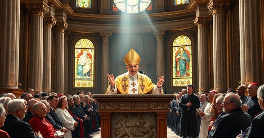 Solemne widok w historycznym katedrze przedstawiający anty-papieża Leona XIV przemawiającego do zróżnicowanej grupy duchownych z różnych wyznan. W tle starożytne chrześcijańskie artefakty prezentowane jako część wystawy archeologicznej.