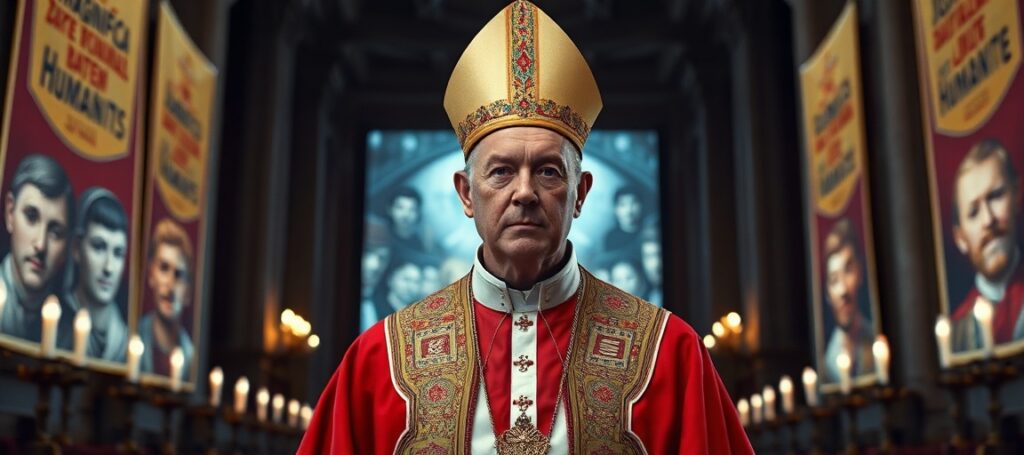 Portret anty-papieża Leona XIV w watykańskich insygniach z hologramami twarzy ludzkich na tle