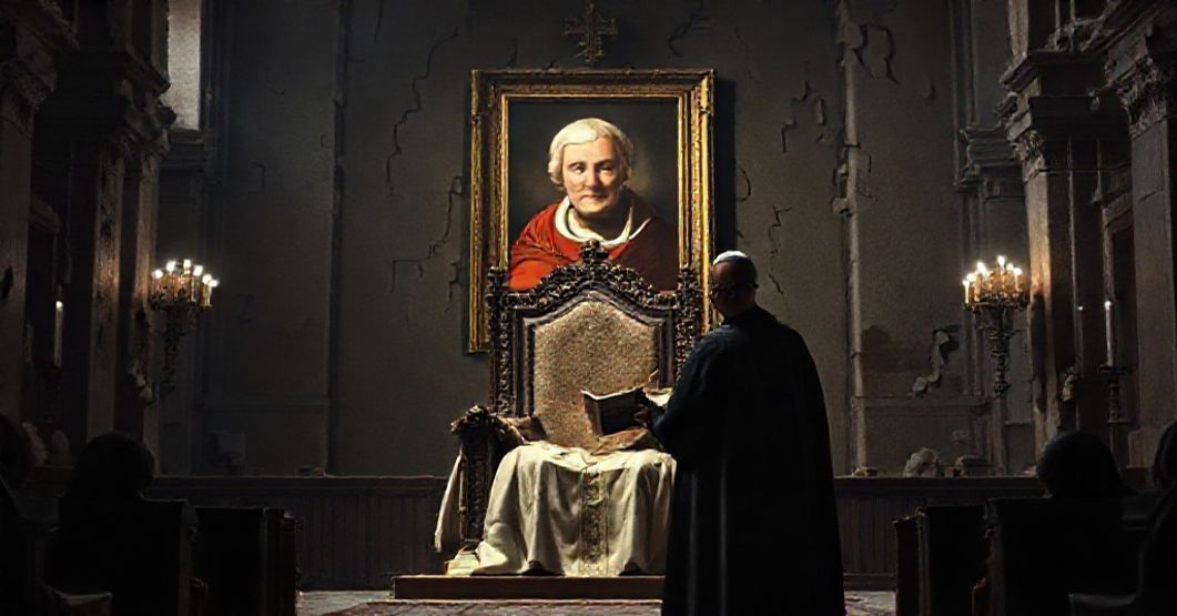 Pusty tron papieski w Watykanie z cieniutkim postacią anty-papieża trzymającego Litanii Pokory na tle sypiącej się architektury watykańskiej i portretu Kardynała Merry'ego del Val.