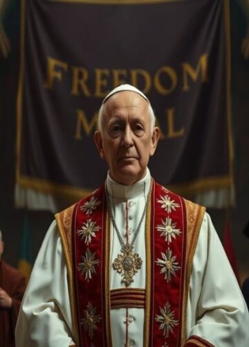 Antypapież Leon XIV z Medalem Wolności - symbol duchowej zdrady Portret anty-papieża Leona XIV z medalem Wolności Stanów Zjednoczonych w ręku, w otoczeniu symboli nowego porządku światowego i fałszywych przywódców religijnych