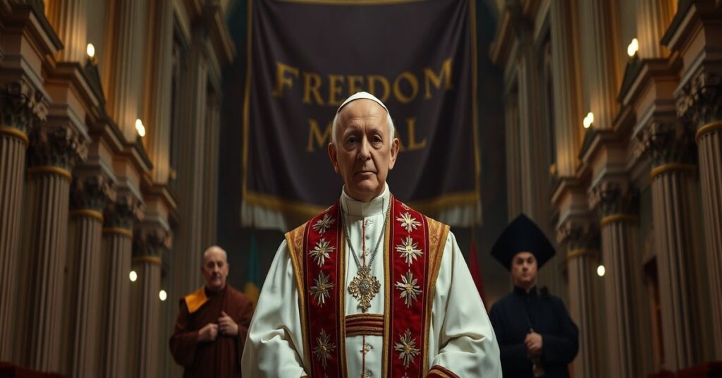 Portret anty-papieża Leona XIV z medalem Wolności Stanów Zjednoczonych w ręku, w otoczeniu symboli nowego porządku światowego i fałszywych przywódców religijnych