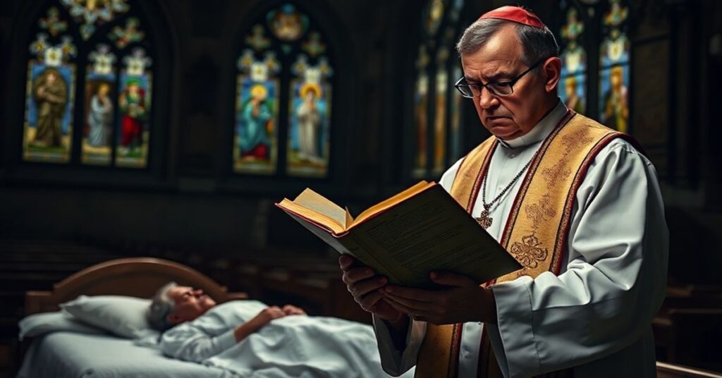 Prawy katolicki ksiądz w tradycyjnych szatach modląc się nad chorego w kościele z oknami witrażowymi, uosabiającym redukcję miłosierdzia w orędziu anty-papieża Leona XIV.