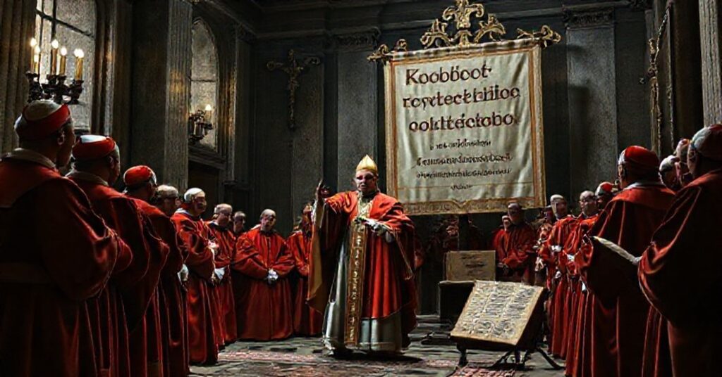 Uroczysty obraz przedstawiający anty-papieża Leona XIV przemawiającego do Kurii Rzymskiej w tradycyjnym wnętrzu watykańskim. Tło tworzą tradycyjni kardynałowie w czerwonych sukmanach i stare krucyfiksy. Temat dotyczy dewastacji nauki katolickiej przez nowoczesne herezje.