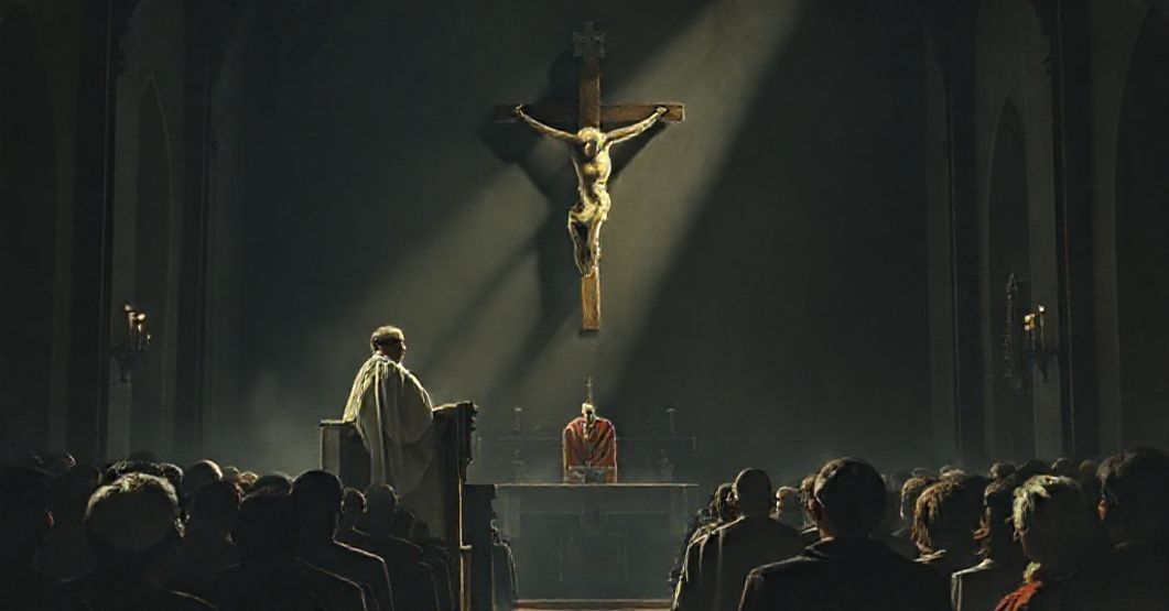 Sobór katolicki przedstawiający fałszywe nauki anty-papieża Leona XIV w nowoczesnym stylu.