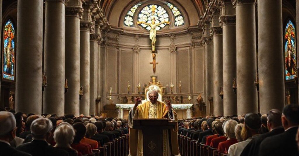 Wnętrze tradycyjnej bazyliki z anty-papieżem Leonem XIV (Robertem Prevostem) na ambonie, otoczonym wiernymi. Scena podkreśla widzialną naturę Kościoła i jego hierarchię.