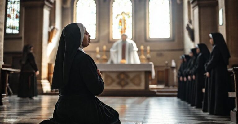 Prawdziwa siostra zakonna w tradycyjnym habicie modli się w historycznym kościele San Francesco w Montefalco, podczas wizyty rzekomego anty-papieża