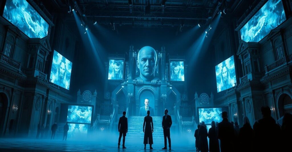 Scena teatralna przedstawiająca antychrześcijański spektakl "Oracle" Łukasza Twarkowskiego z gigantyczną maszyną dominującą nad aktorami.