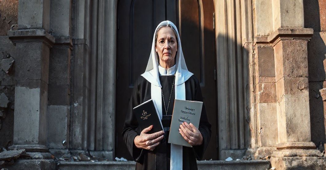 Kobieta w tradycyjnym stroju katolickim stojąca przed zamkniętymi drzwiami kościoła, trzymająca dwie księgi - jedną z napisem Wiara i drugą z napisem Kompetencje Światowe. Na tle widoczne są ruiny struktury Kościoła po Soborze Watykańskim II.