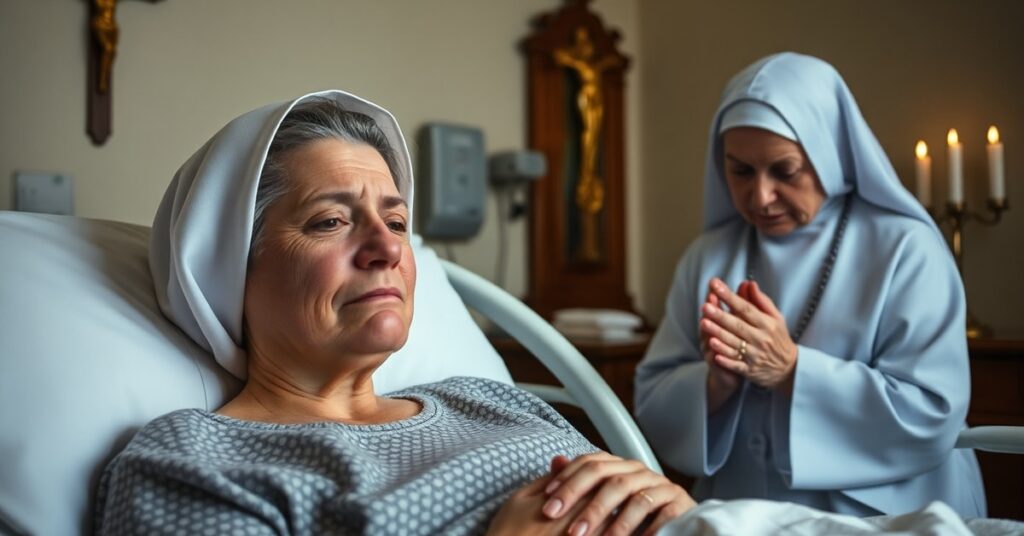 Obraz przedstawiający cierpiącą kobietę z guzami mózgu spowodowanymi zastrzykami antykoncepcyjnymi Pfizera Depo-Provera w tradycyjnym katolickim szpitalu z krzyżem i świecami.