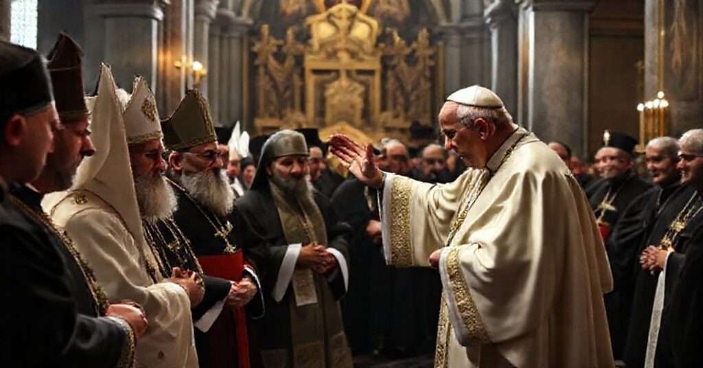 Zdjęcie przedstawiające rzekomego „papieża” Leona XIV podczas ekumenicznego spektaklu w Sofii z patriarchami schizmatyckimi.
