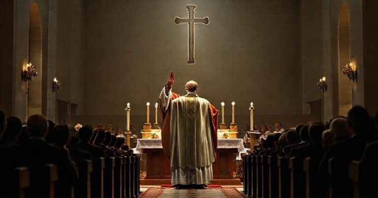 Antypapies Leon XIV podczas fałszywej Mszy w dniu Chrystusa Króla w nowoczesnym kościele, otoczony elementami modernistycznej liturgii.