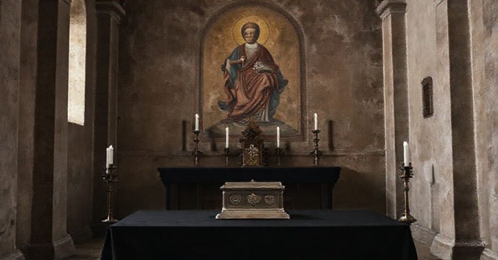 Pusty kościół w Montefalco z gasnącymi świecami i zamkniętą urną relikwiarzową na ołtarzu