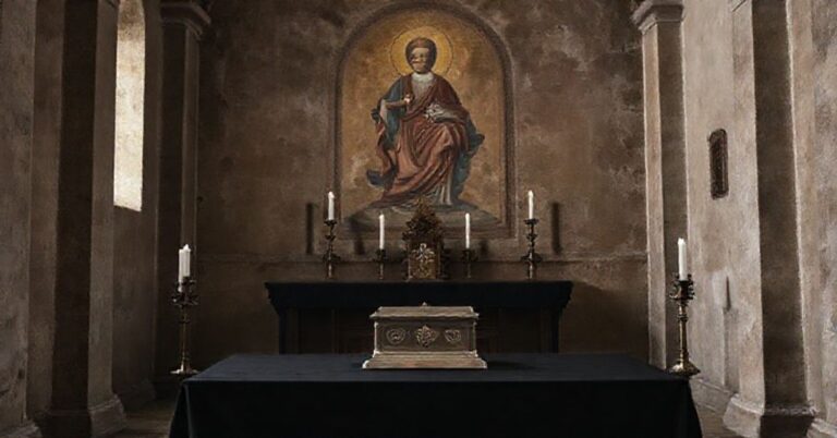 Pusty kościół w Montefalco z gasnącymi świecami i zamkniętą urną relikwiarzową na ołtarzu