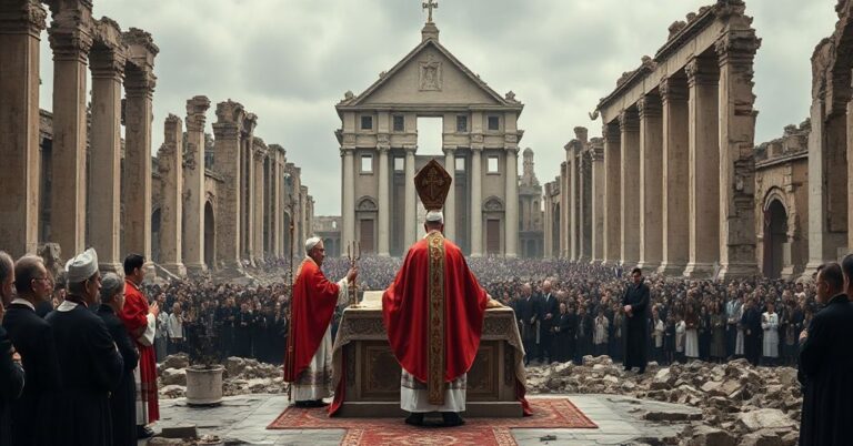 Sobór katolicki w ruinach bazyliki św. Benedykta w Nursji z anty-papieżem Leonem XIV i kardynałem Pietro Parolinem na czele fałszywego 'poświęcenia'