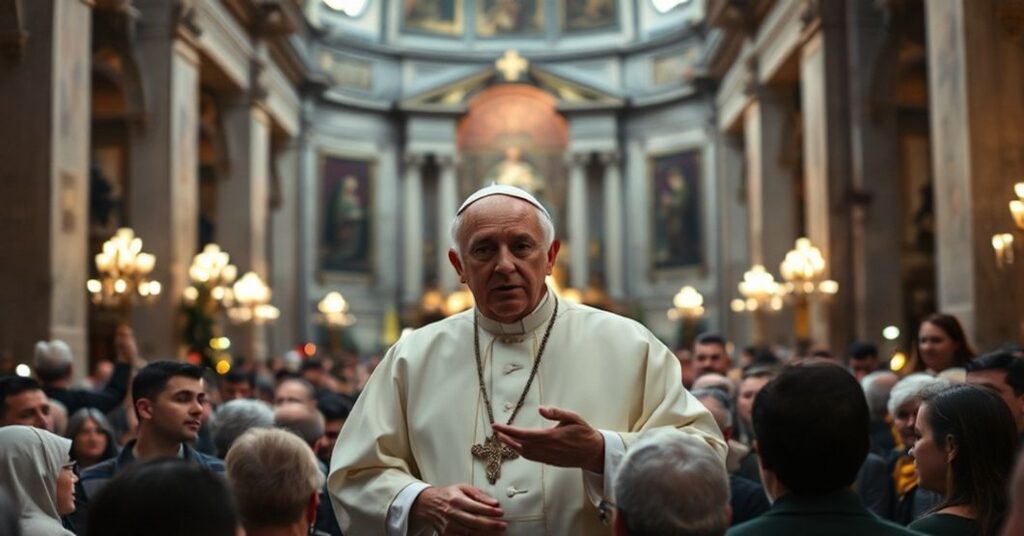 Mężczyzna w stroju papieskim stoi w Bazylice Watykańskiej podczas Wigilii, otoczony tłumem ludzi. Wyraz jego twarzy jest poważny i niespokojny.