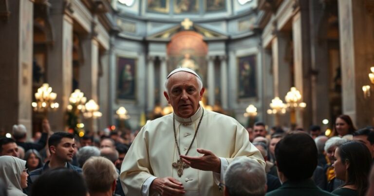 Mężczyzna w stroju papieskim stoi w Bazylice Watykańskiej podczas Wigilii, otoczony tłumem ludzi. Wyraz jego twarzy jest poważny i niespokojny.