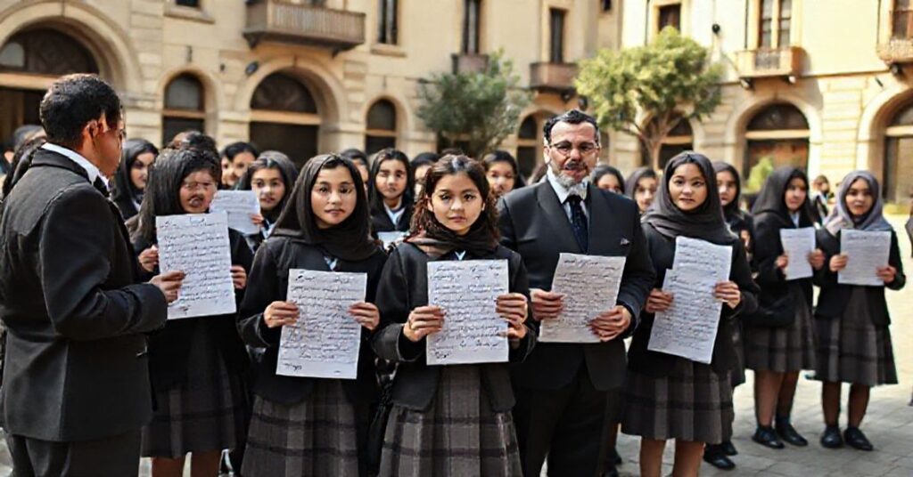 Grupa libańskich uczniów w tradycyjnych mundurkach szkolnych trzyma listy dla uzurpatora. Tło: historyczna architektura Bejrutu. Wygłodzona wiara, fałszywy pokój i brak odwołania do Chrystusa-Króla.