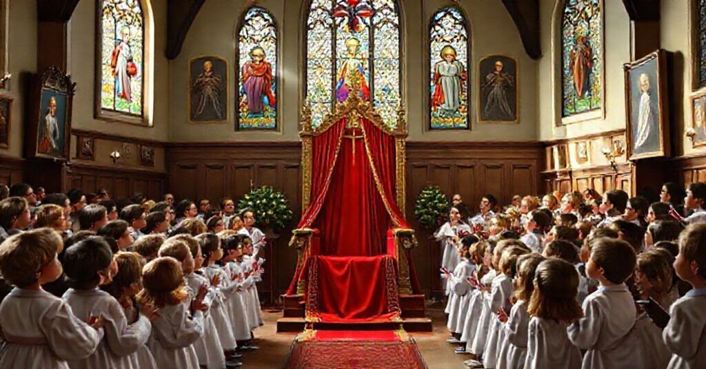 Tradycyjna katolicka kaplica szkoły z dziećmi śpiewającymi kolędy w łacinie. Symbol sedisvacante.