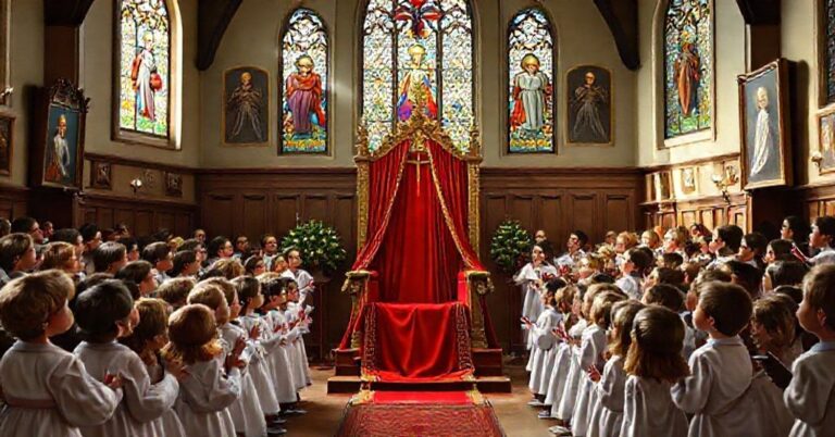 Tradycyjna katolicka kaplica szkoły z dziećmi śpiewającymi kolędy w łacinie. Symbol sedisvacante.