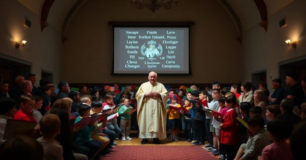 Sala koncertowa w fałszywej Papieskiej Szkole Pawła VI w Castel Gandolfo podczas synkretycznego koncertu kolęd z udziałem antypapieża Leona XIV.