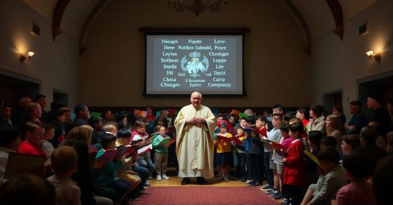 Sala koncertowa w fałszywej Papieskiej Szkole Pawła VI w Castel Gandolfo podczas synkretycznego koncertu kolęd z udziałem antypapieża Leona XIV.