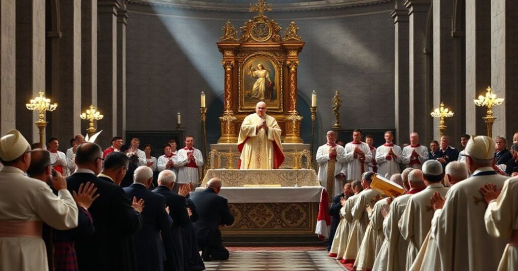Ceremonia katolicka w bazylice św. Piotra w Rzymie, podczas której 'antypapież' ogłasza Johna Henry'ego Newmana 'Doktorem Kościoła' w atmosferze tradycyjnej opozycji wobec nowoczesnych herezji.