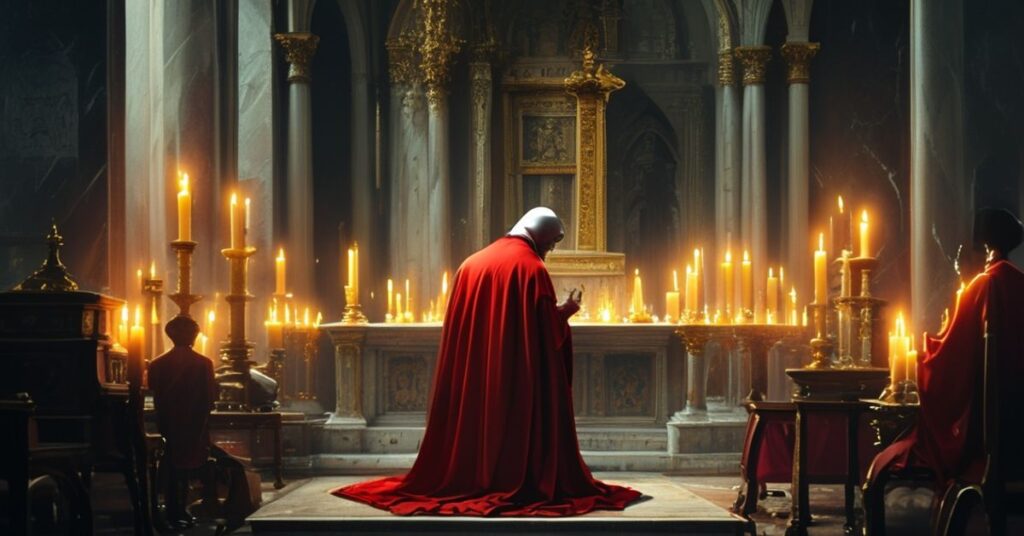 Biskup Marek Solarczyk modlący się przed antychrystowskim papieżem w Watykanie. Tradycyjna katolicka liturgia kontrastuje z nowoczesną apostazją. Scena pełna smutku i tęsknoty za prawdziwą wiarą.