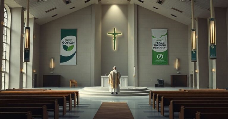 Pusty kościół nowoczesny z pustym ołtarzem i figurą w papieskich szatach na ambonie.