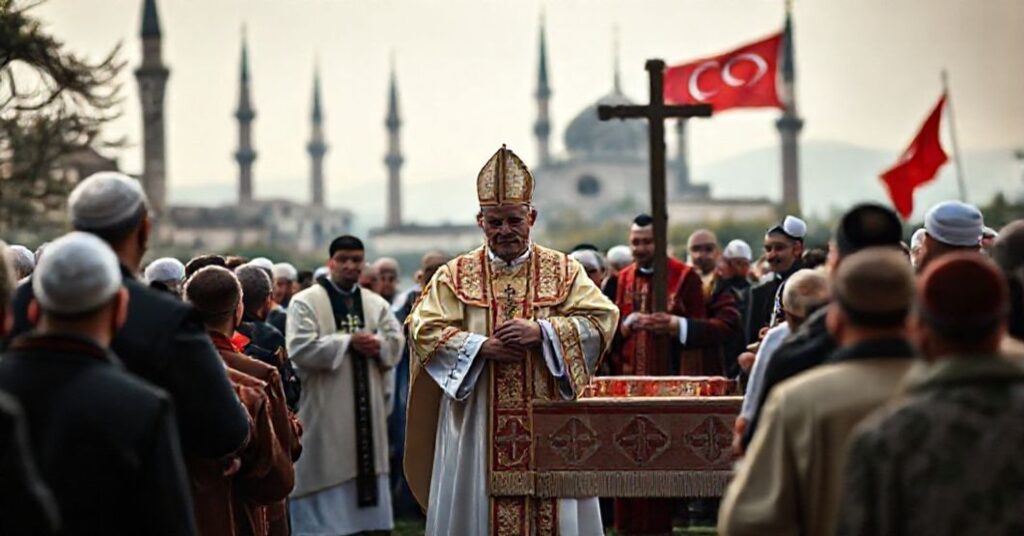 Obraz przedstawiający fałszywą wizytę antypapieża Leona XIV w Turcji z 2025 roku, symbolizującą zdegenerowanie Kościoła katolickiego przez ekumenizm