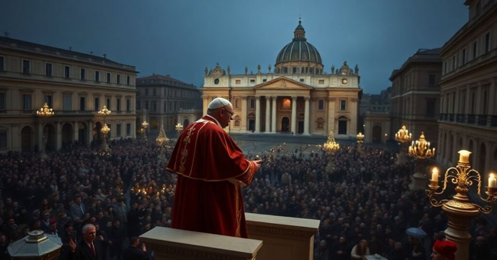 Scena z placu św. Piotra w Boże Narodzenie 2025 r., gdzie Antypapież Leon XIV wygłasza podwrójne 'Urbi et Orbi'. Plac wypełniony jest poważnym tłumem pod naturalistycznym światłem. Leon XIV stoi na balkonie w stroju papieskim z modernistycznymi akcentami, promując ludzką wizję pokoju bez Chrystusa Króla.