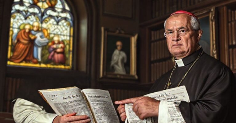 Katolicki biskup w tradycyjnych szatach liturgicznych stoi w bibliotece Watykańskiej, pokazując treść Casti Connubii i gazetę o wypowiedziach antypapieża Leona XIV na temat aborcji.