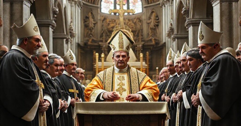 Tradycyjni księża w liturgicznych szatach podczas Mszy Świętej z antypapieżem Robertem Prevostem ("Leon XIV") w tle. Scena ukazuje kontrast między prawdziwą katolicką doktryną a modernistyczną apostazją podczas tzw. Jubileuszu Więźniów.