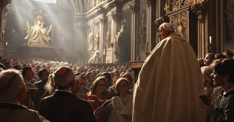 Grupa katolików słucha z niepokojem fałszywego nauczania anty-papieża Leona XIV podczas audiencji jubileuszowej.