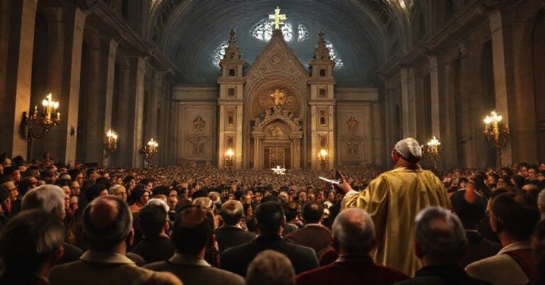 Zdjęcie przedstawia fałszywe nauczanie Antypapieża Leona XIV podczas audiencji jubileuszowej, gdzie propaguje naturalistyczną pseudoodpowieść zamiast nadprzyrodzonej miłości.