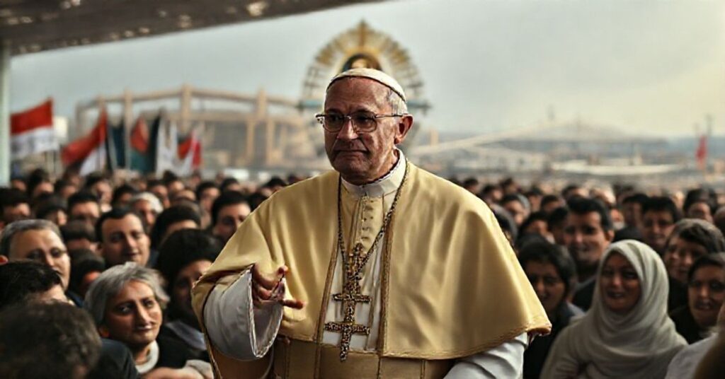 Antypapież Leon XIV na lotnisku w Bejrucie otoczony tłumem przed zniszczonym portem