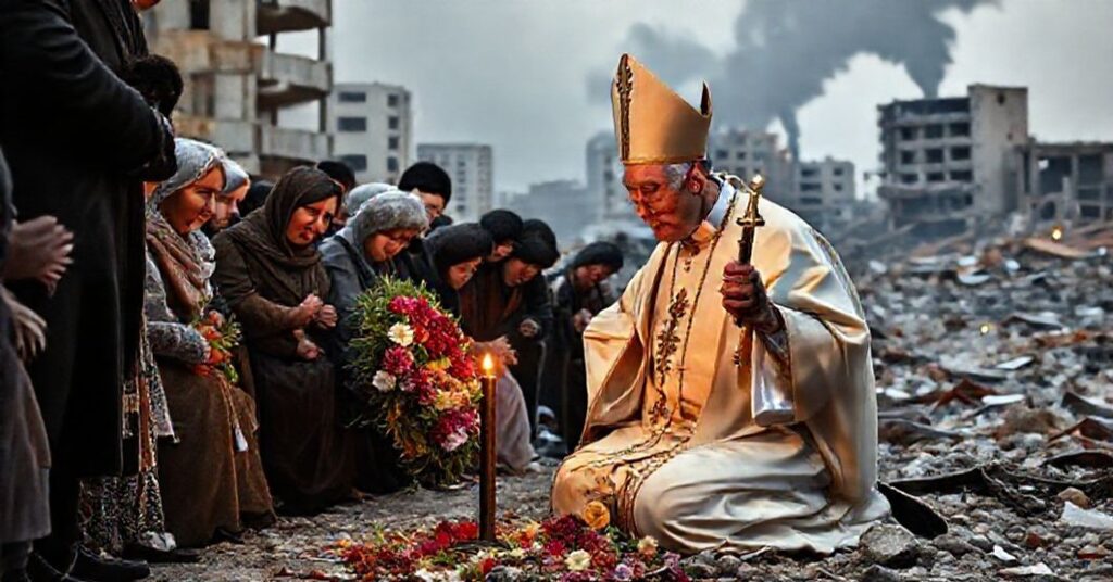 Uzurpator Leon XIV modli się w miejscu eksplozji w porcie w Bejrucie, otoczony rodzinami ofiar.