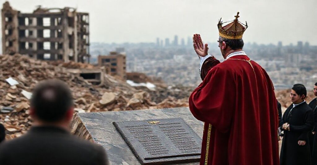 Zdjęcie przedstawiające fałszywego antypapieża 'Leona XIV' przed pomnikiem ofiar eksplozji w porcie w Bejrucie, ze sztuczną pokorą i teatralną pobożnością.