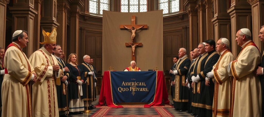 Antypapież Leon XIV udzielający błogosławieństwa heretyckim rewolucjonistom amerykańskim w sfałszowanym kościele - obraz krytyki fałszywej religii posoborowej