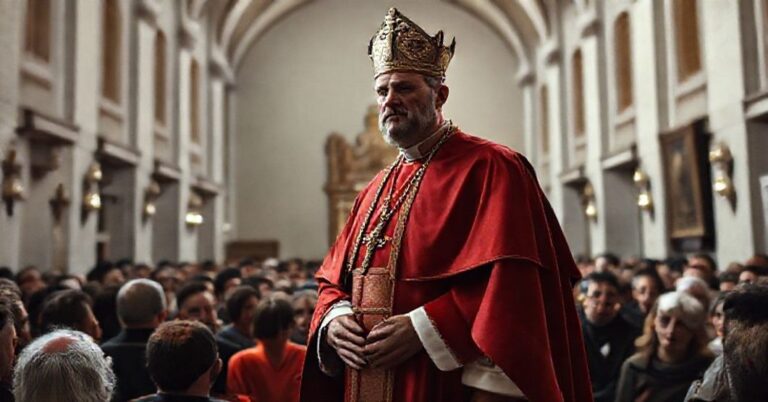 Zdjęcie przedstawiające antypapieża Leona XIV podczas koncertu kolęd w Papieskiej Szkole Pawła VI w Castel Gandolfo. Scena jest poważna i zwracająca uwagę na godność tradycji katolickiej.