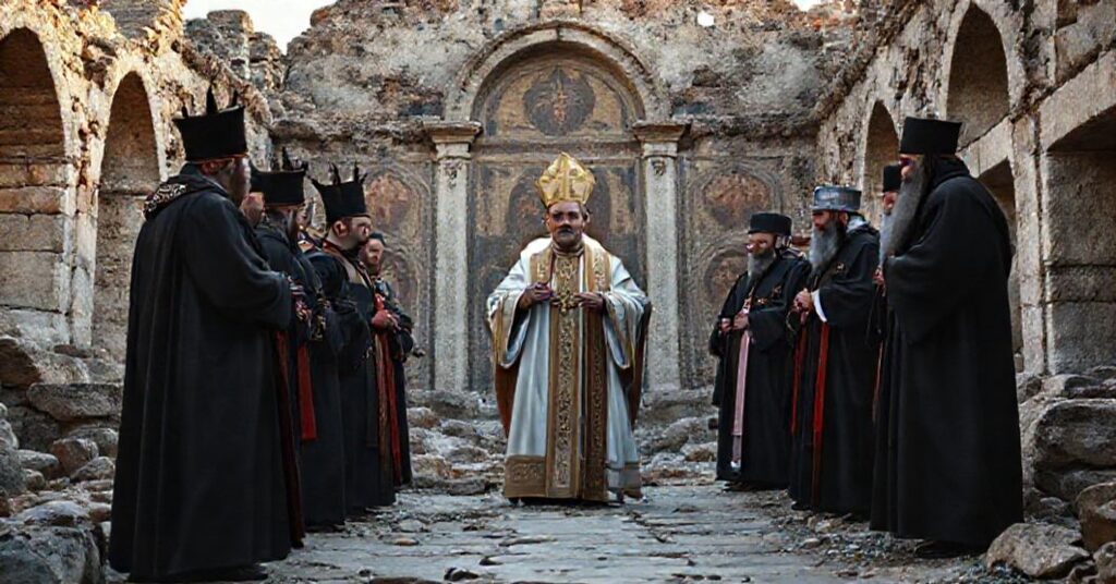 Antypapież Leon XIV podczas ekumenicznej ceremonii na ruinach bazyliki Św. Neofita w Izniku