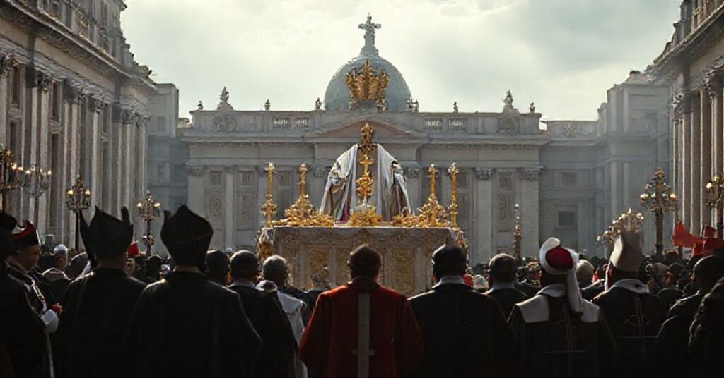Obrązek przedstawiający "Antypapieź Leona XIV" podczas ekumenicznej modlitwy z heretykami na Placu Św. Piotra w Watykanie. Scena odzwierciedla zdradę katolickiej doktryny przez promowanie fałszywego braterstwa i współpracey z schizmatykami.
