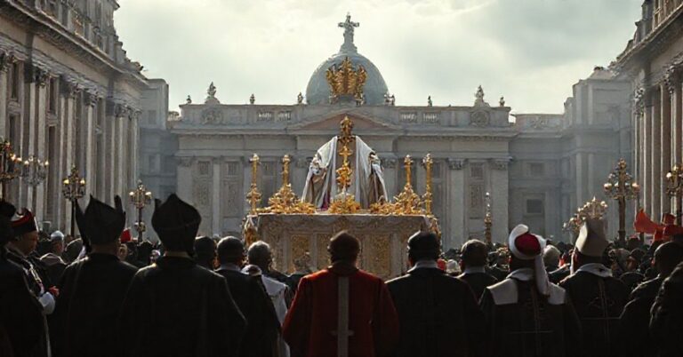 Obrązek przedstawiający "Antypapieź Leona XIV" podczas ekumenicznej modlitwy z heretykami na Placu Św. Piotra w Watykanie. Scena odzwierciedla zdradę katolickiej doktryny przez promowanie fałszywego braterstwa i współpracey z schizmatykami.