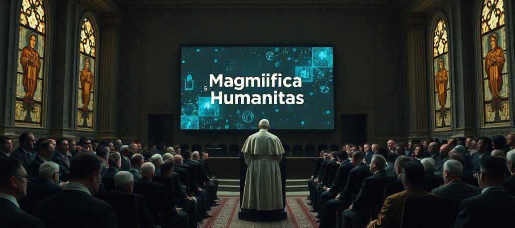 Ciemna sala Watykanu podczas prezentacji encykliki anty-papieża Leona XIV Magnifica Humanitas
