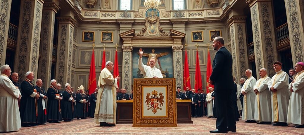 Uroczystość przedstawienia encykliki Magnifica Humanitas przez antypapieża Leona XIV w Watykanie z udziałem ateisty Christophera Olaha