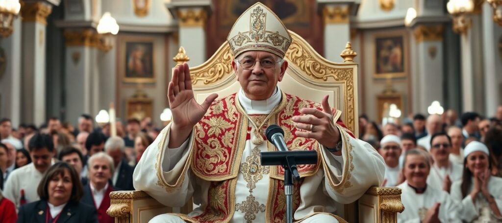 Antypapież Leon XIV (Roberto Prevosta) podczas fałszywej modlitwy za życie w bazylice św. Piotra - symbol sekularyzacji i herezji nowego porządku