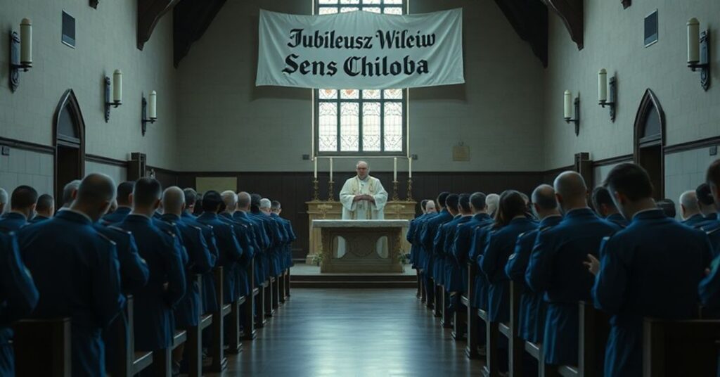 Grupa katolickich więźniów w niebieskich mundurach modli się podczas fałszywej mszy Novus Ordo prowadzonej przez antypapieża Leona XIV w tradycyjnym wnętrzu kościoła.