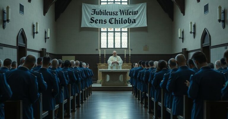 Grupa katolickich więźniów w niebieskich mundurach modli się podczas fałszywej mszy Novus Ordo prowadzonej przez antypapieża Leona XIV w tradycyjnym wnętrzu kościoła.