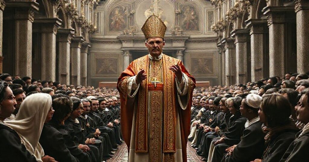 Wizerunek antypapieża Leona XIV podczas audiencji ogólnej w Watykanie. Scena przedstawia fałszywe nauczanie i pusty rytuał zamiast prawdziwego nawrócenia.