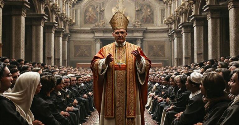 Wizerunek antypapieża Leona XIV podczas audiencji ogólnej w Watykanie. Scena przedstawia fałszywe nauczanie i pusty rytuał zamiast prawdziwego nawrócenia.