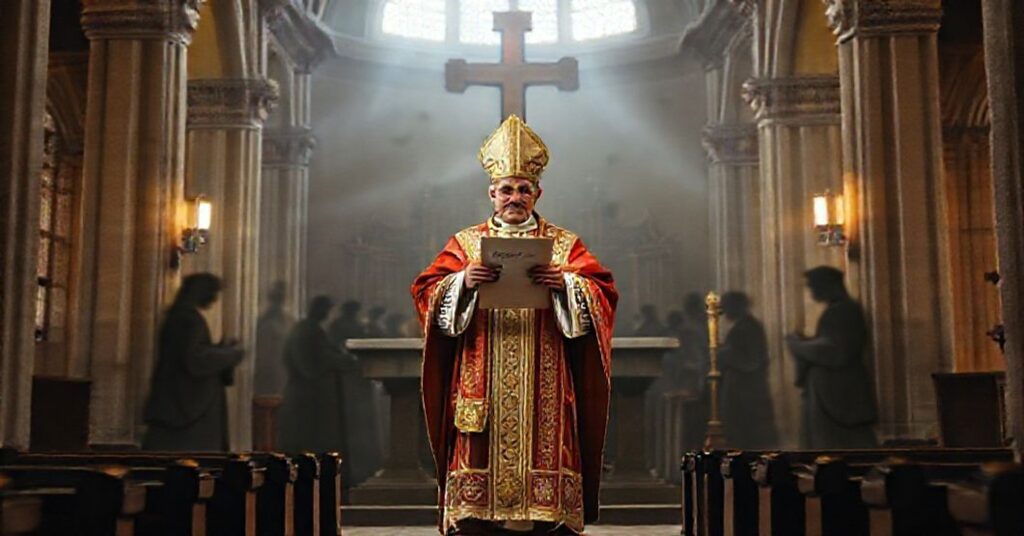 Pomnikowa wnętrze kościoła z postacią antypapieża Leonem XIV w stroju papieskim otoczonego przez cienie męczenników w tradycyjnych habitach.